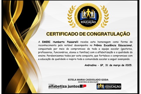 Escolas Municipais de Andradina são homenageadas com certificados de congratulação por excelência na alfabetização